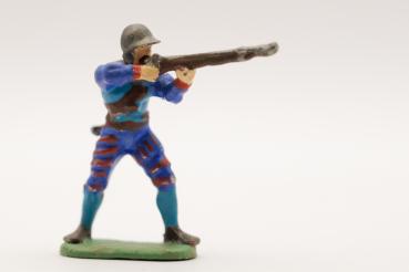 Landsknecht musketeer standing with French helmet